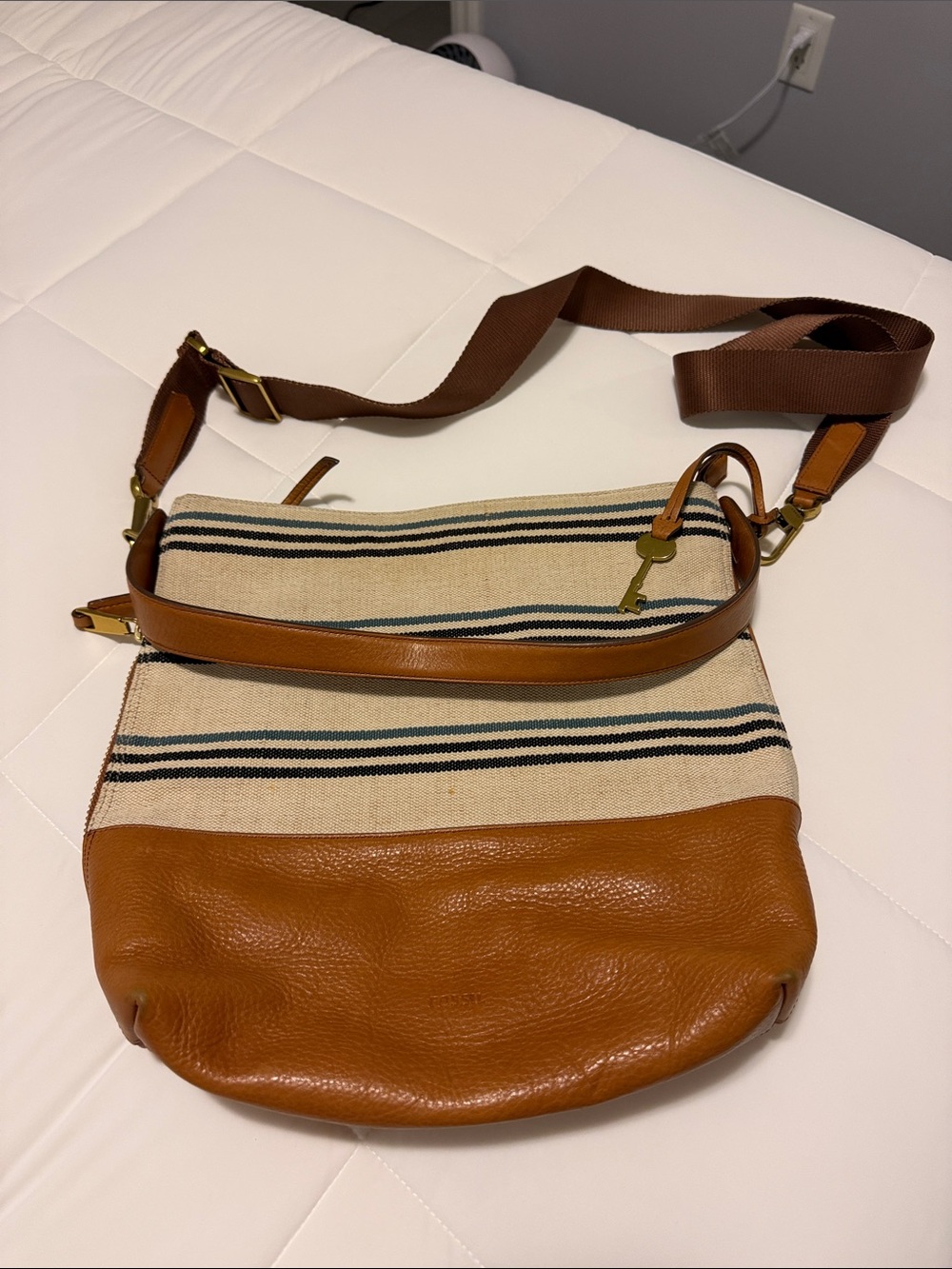 Fossil Tan Leather & Cream Striped Canvas Crossbody Bag